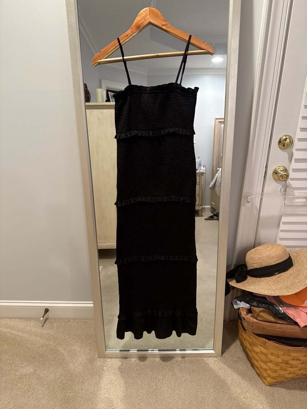 Mable Black Satin Smocked Ruffled Tiered Midi Dress